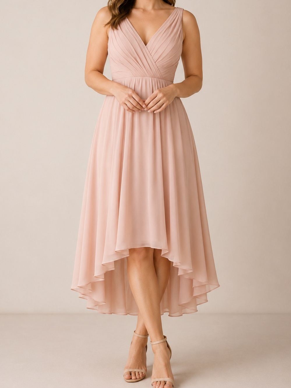Monique Lhuillier Bridesmaids Double V-Neck High Low Dress in Blush Pink